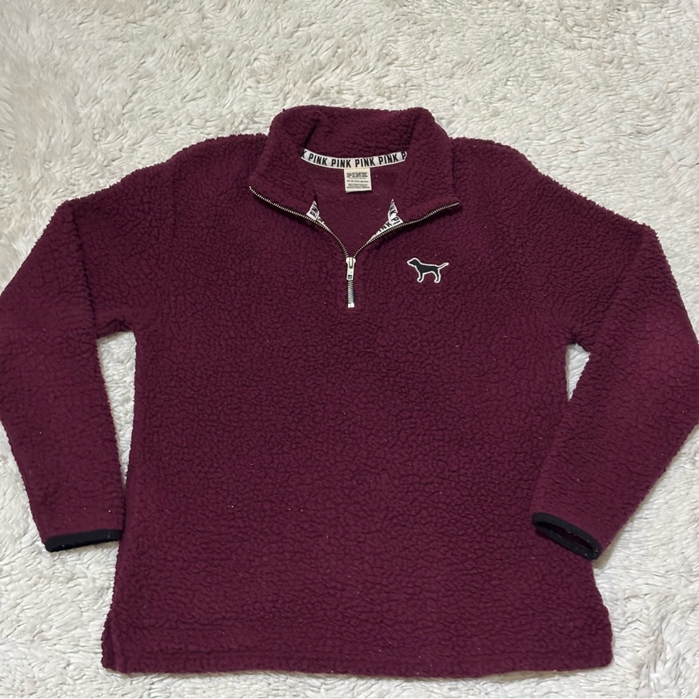 Victoria’s Secret PINK Women’s Sherpa Sweater 1/4 Zip Plush Burgundy size XS